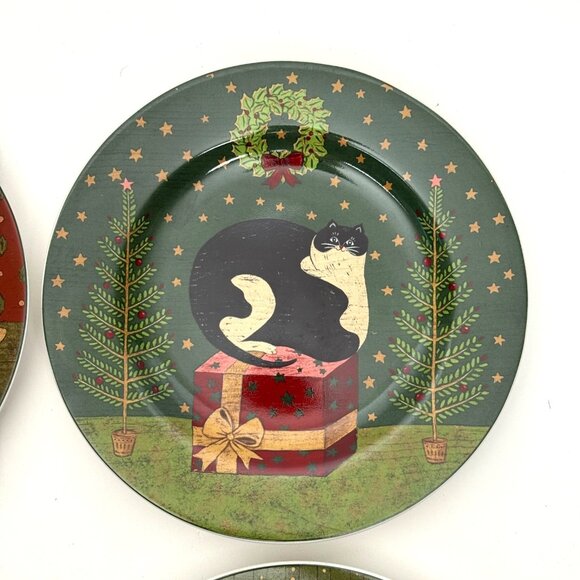 Warren Kimble Holiday Cheer Sakura Oneida Set of 4 Salad Plates Farmhouse Cat - Picture 3 of 15
